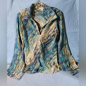 Artistic Blue and Cream Long Sleeve Blouse